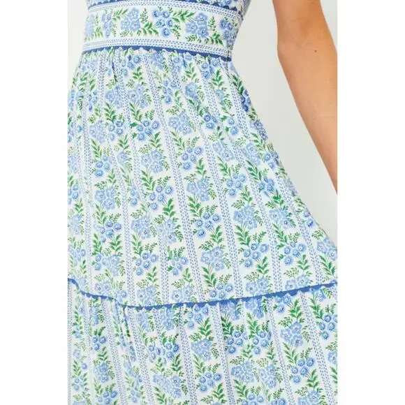 Pink City Prints Cotswolds Blue Border Evelyn Midi Block Tiered Dress Tuckernuck - Picture 4 of 11